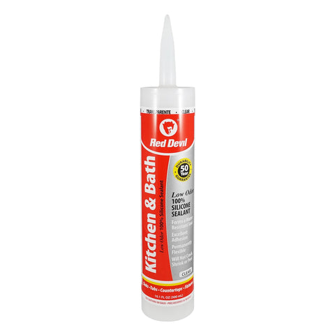 Red Devil 0887 Kitchen & Bath Low Odor 100% Silicone Sealant, A Water-Resistant Adhesive For Creating A Protective Barrier Against Moisture, 10.1 oz. Tube, Clear, 12-Pack