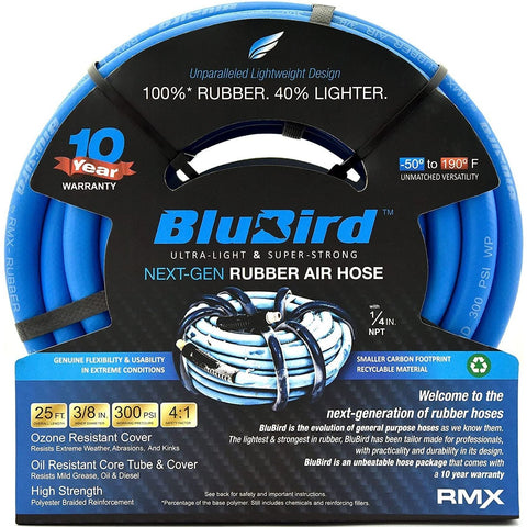 BLUBIRD BB3825 3/8" x 25' Rubber Air Hose, 100% Rubber, Lightest, Strongest, Most Flexible, 300 PSI, 50F to 190F Degrees, Ozone Resistant, High Strength Polyester Braided