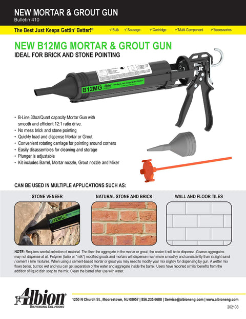 Albion B12MG B-Line Manual Mortar Grout Gun Brick & Stone Veneer 30 oz 12:1 Drive