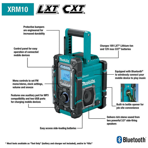Makita XRM10 18V LXT® / 12V max CXT® Lithium-Ion Cordless Bluetooth® Job Site Charger/Radio, Tool Only