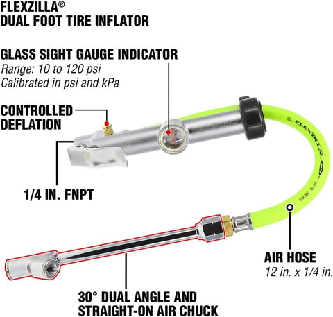 Flexzilla AL2051FZ Dual Foot Tire Inflator 12" Hose Glass Sight Gauge 10-120 psi