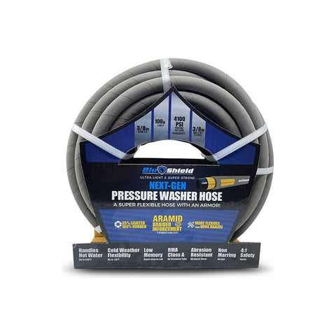 BluShield Aramid Braided Rubber Pressure Washer Hose, 4100 Psi, Handle 250°F Hot & Cold Water, Heavy Duty, 35% Lighter, Flexible (3/8" x 100' Non Marking)