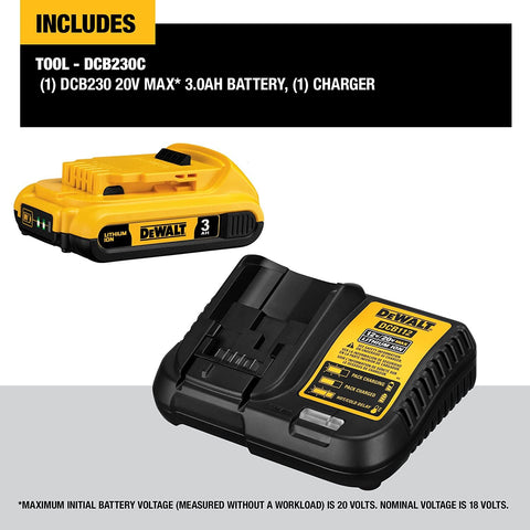 DEWALT 20V MAX Battery Pack with Charger, 3 Ah, Extra Long Run Time (DCB230C)