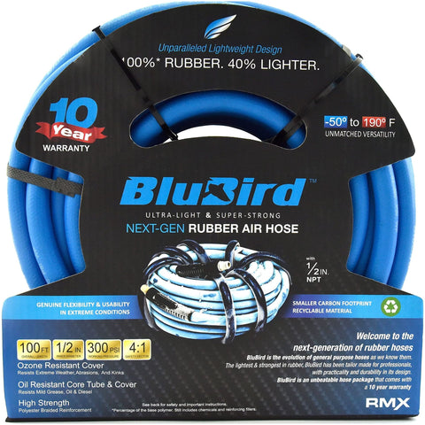 BLUBIRD BB12100 1/2" x 100' Rubber Air Hose, 100% Rubber, Lightest, Strongest, Most Flexible, 300 PSI, 50F to 190F Degrees, Ozone Resistant, High Strength Polyester Braided