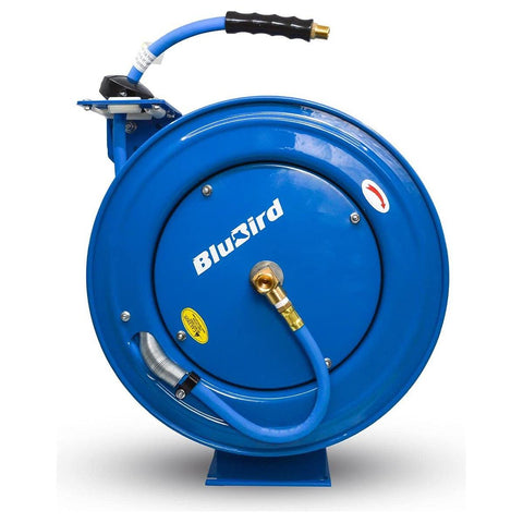 BLUBIRD BBRHD1250 18ga. Retractable Hose Reel with 1/2" X 50' Air Hose, 12 Point Ratcheting Gear, Next-Gen Rubber, Lightest, Strongest, Most Flexible, 300 PSI, -50F to 190F Degrees, Polyester Braided