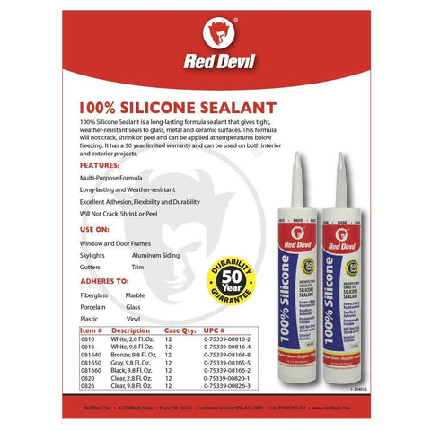 Red Devil 081650 100% Silicone Architectural Grade RTV Sealant, A Water-Resistant Adhesive for Interior and Exterior Use, 2.8 oz. Tube, Gray, 1-Pack