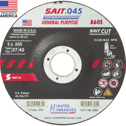 United Abrasives - SAIT 22071 A60S General Purpose Cut - Off Wheels (Type 27/Type 42 Depressed Center) 5" x .045" x 7/8", 50 - Pack - SIGNIFICANTSERVICES.COM